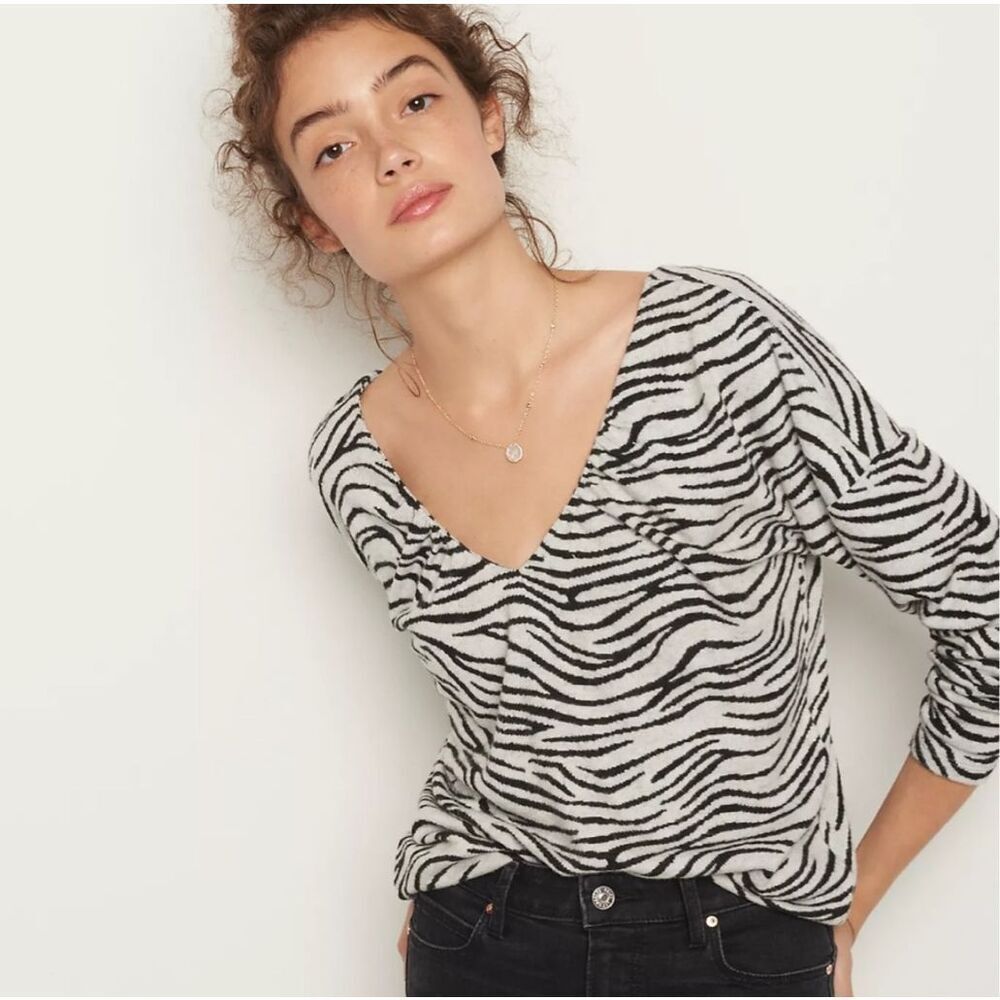 Maeve Womens Zebra Print Double V-Neck Pullover Sweater Black White Small Nwt